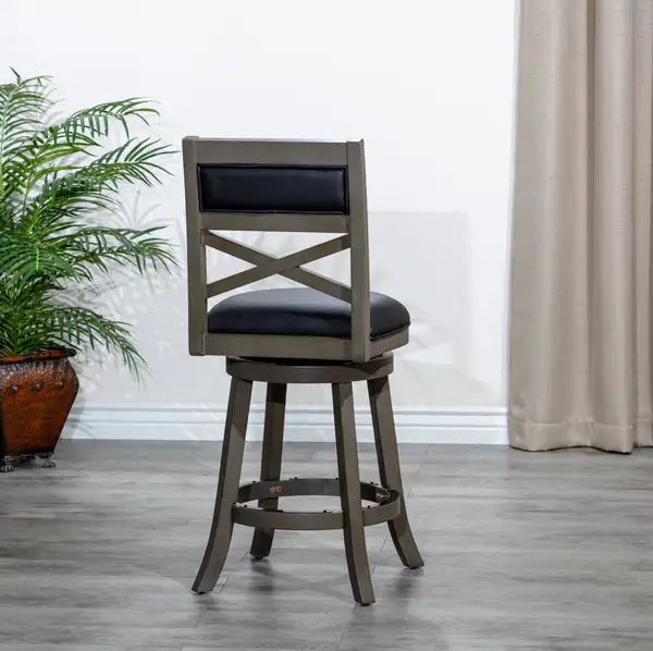 24" Weathered Gray Counter Height Swivel Stool with Black Leather Seat - Minihomy