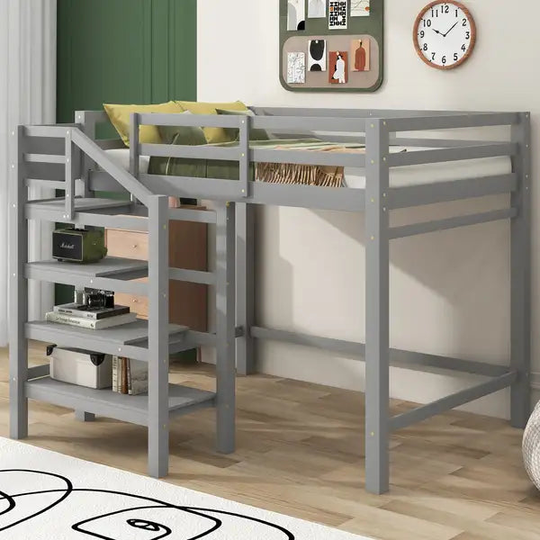 Full Size Loft Bed with Storage Staircase & Clothes Hanger - Gray - Minihomy