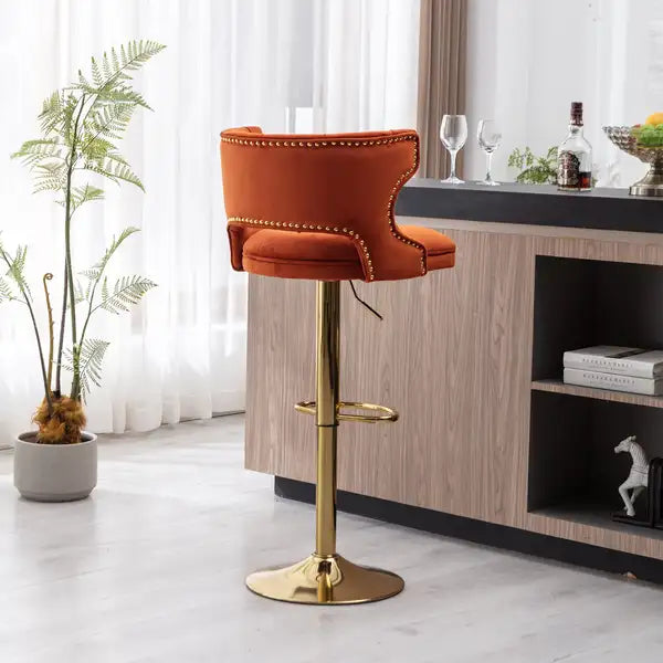 Orange Velvet Bar Stools with Back & Footrest - Set of 2 - Counter Height Dining Chairs - Minihomy