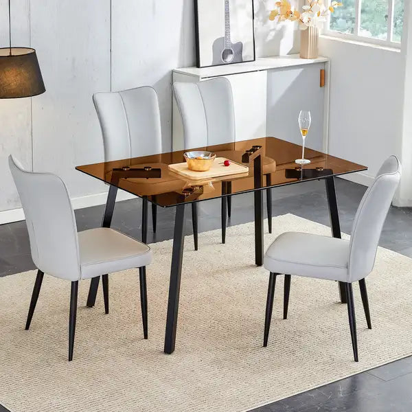 Glass Dining Table Set - 4 Grey Chairs, Tea Brown, 51"x31.5"x29.5" - Kitchen, Dining, Living Room