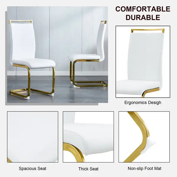 Modern Rectangular Dining Table & 8 Chair Set - Glass Top, Faux Leather Seats, Golden Legs - Minihomy