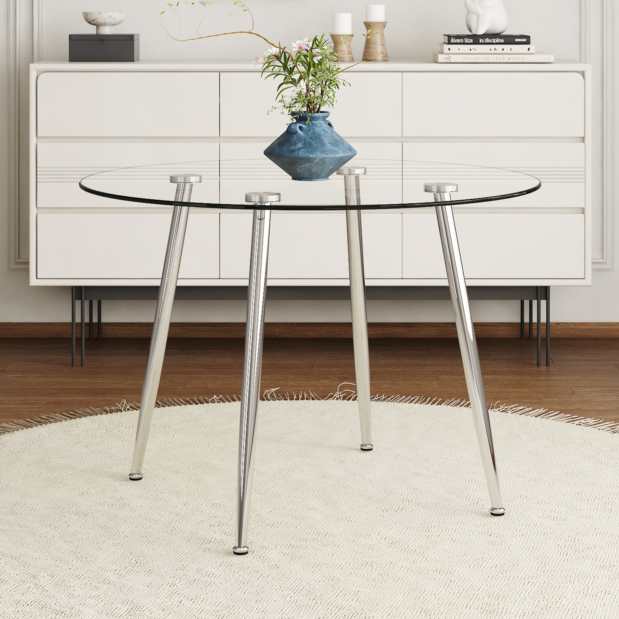 Round Glass Top Dining Table with Silver Metal Legs - Exquisite Home Decor