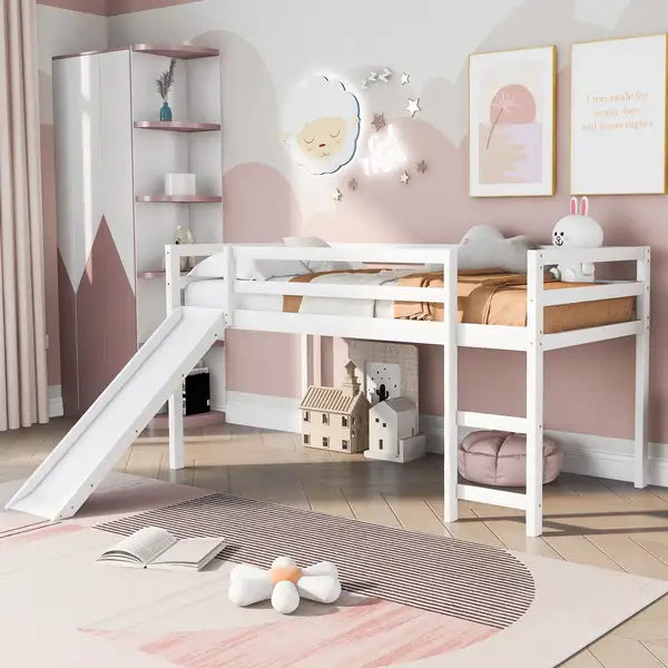 White Twin Loft Bed with Slide - Multifunctional Kids Furniture