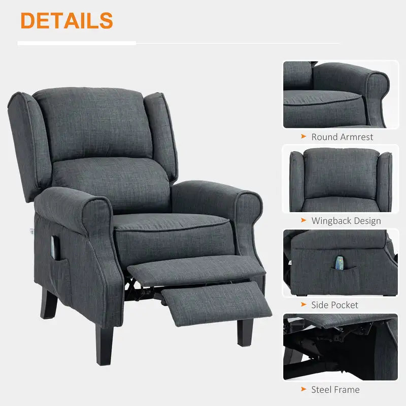 Heated Vibrating Recliner Chair with Footrest - Gray Linen