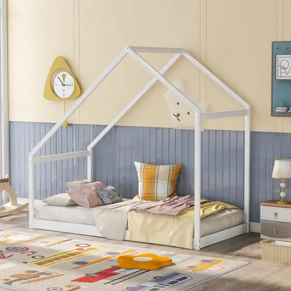 White Twin Wooden House Bed for Kids