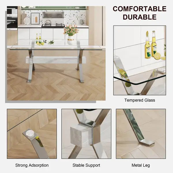 Modern Glass Dining Table with Silver Legs - 79" x 39" x 30" - Home & Office Use - Minihomy