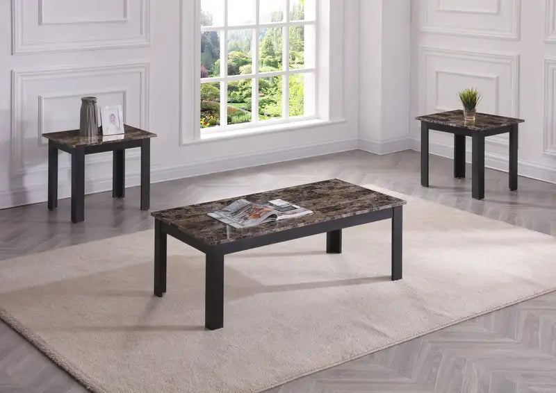 Brown Faux Marble Top Coffee Table Set - 3 Piece Wood Accent Tables