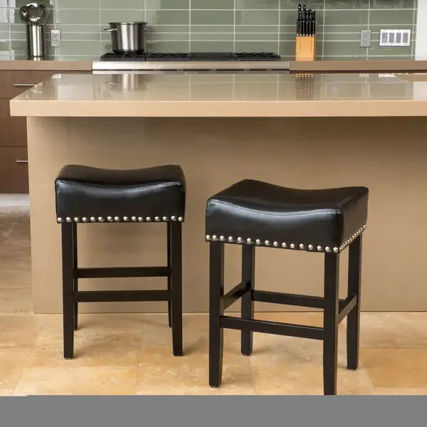 Black Leather Counter Stools (Set of 2), 26" Backless, Modern Design - Minihomy