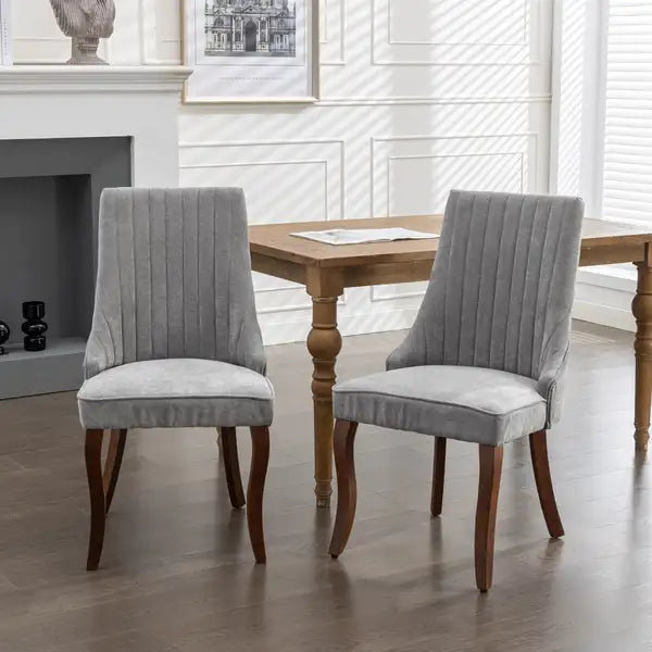 Gray Linen Dining Chairs Set of 2 - Comfy Upholstered Accent Chairs with Curved Wood Legs, SW1847GY - Minihomy