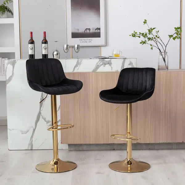 Adjustable Height Bar Stools Set of 2, Black Velvet with Gold Legs - Chrome Footrest and Base Swivel - Minihomy