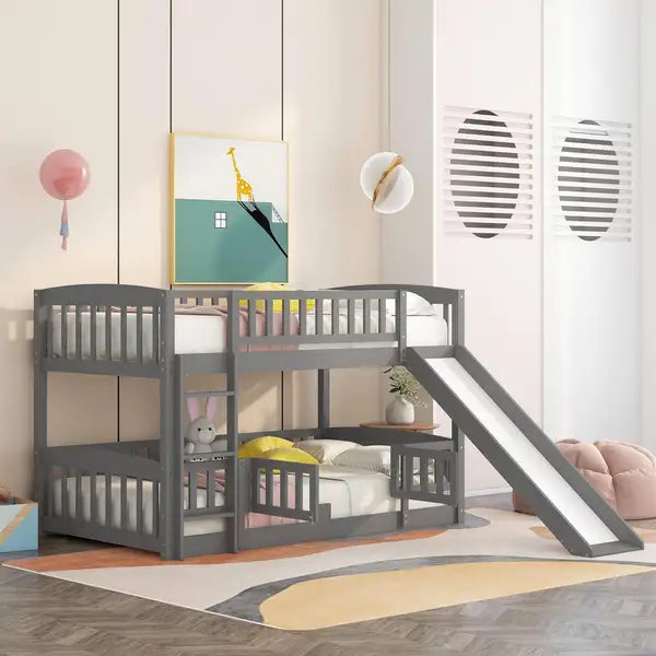 Twin Over Twin Bunk Bed with Slide & Fence - Grey - Kids & Teens