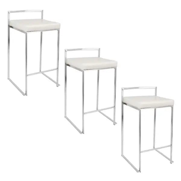 LumiSource Fuji Brushed Stainless Steel Counter Stools with White Faux Leather (Set of 3)