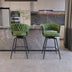 Green Linen Woven Bar Stools Set of 2 - Swivel, Black Legs, Backrest, Footrest - Minihomy