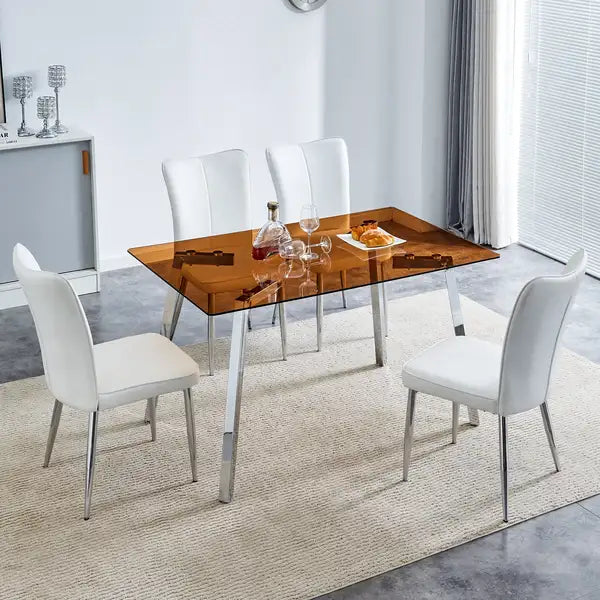 Modern Rectangular Dining Table & Chair Set - Brown Glass Top, Silver Metal Legs