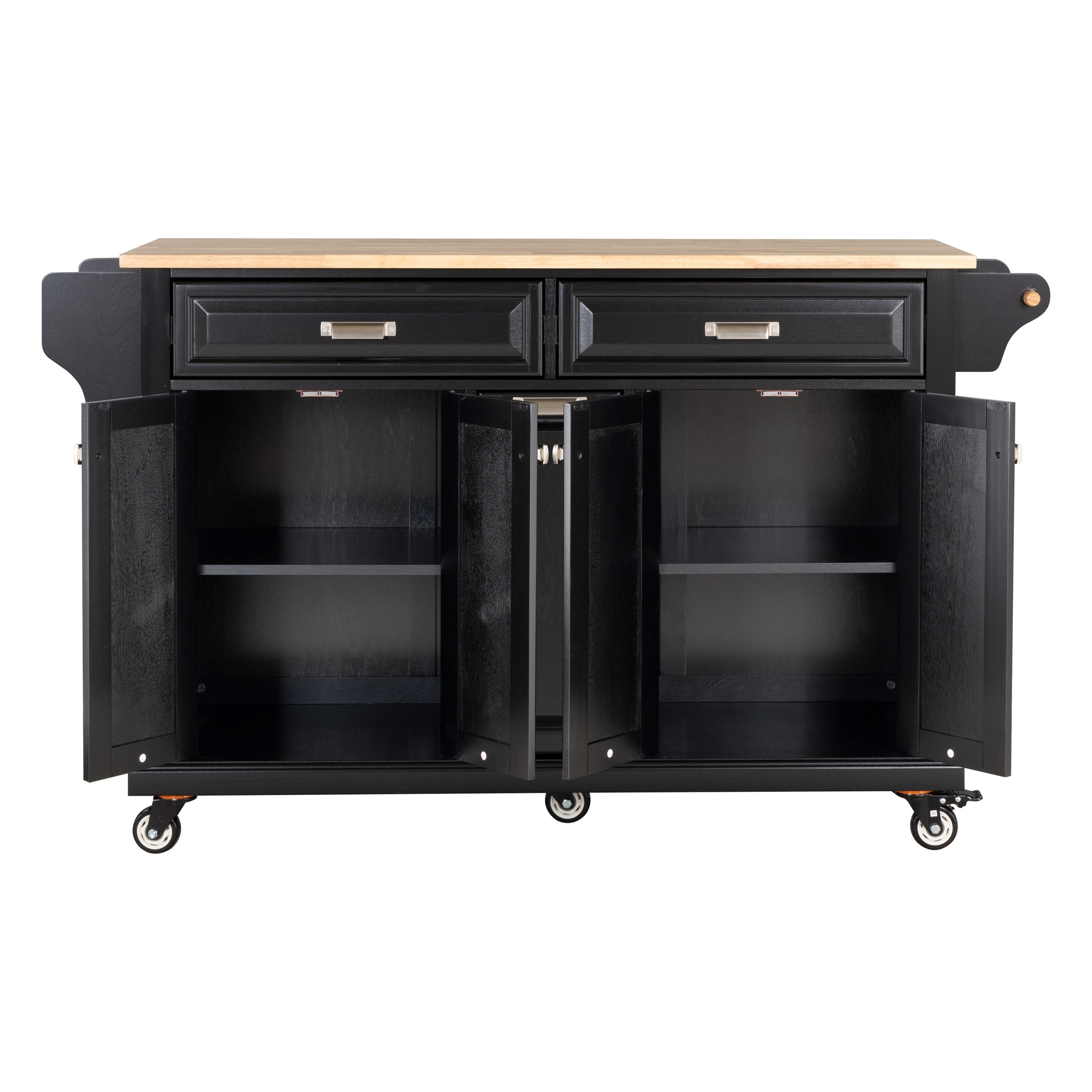 Black Kitchen Island Cart with Rubberwood Countertop, Storage Cabinet, 2 Drawers & Double Layer Drawer