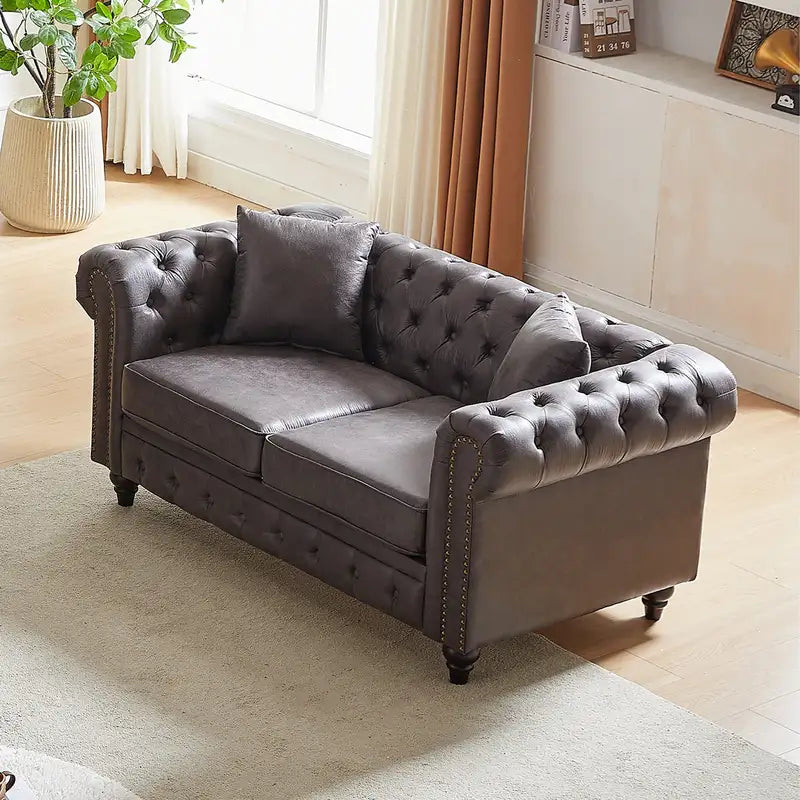 63.5" Chesterfield Sectional Sofa: Tech Fabric, Button Tufted, Wooden Legs