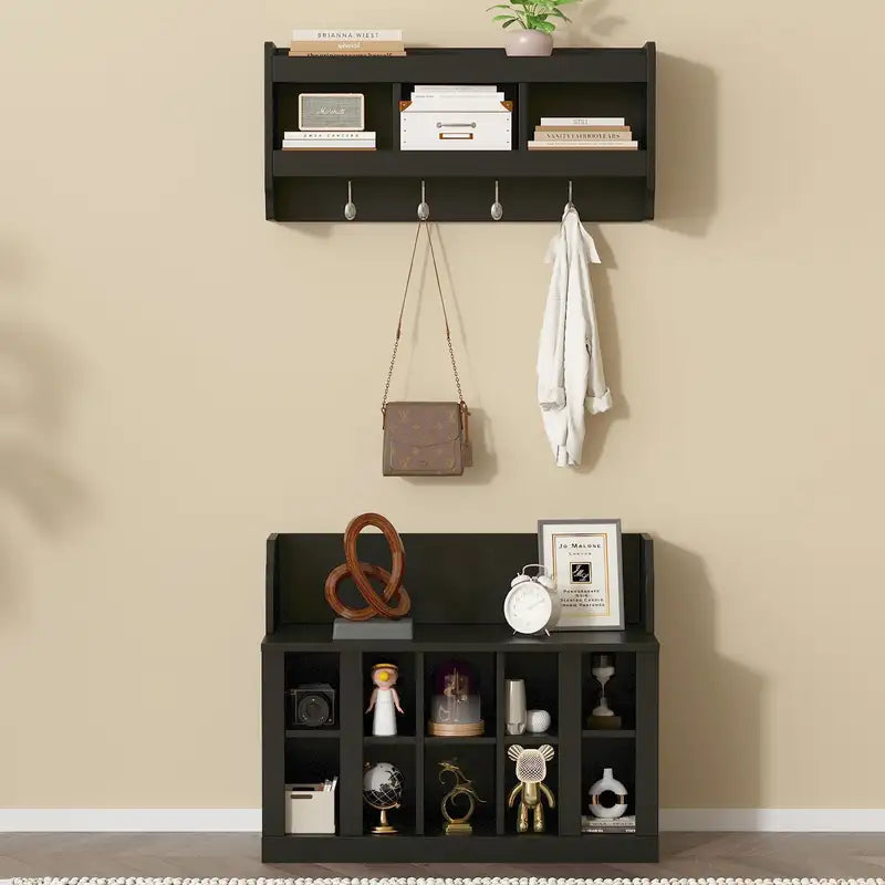 Black Shoe Storage Bench with Shelves & Hooks - Entryway Organizer