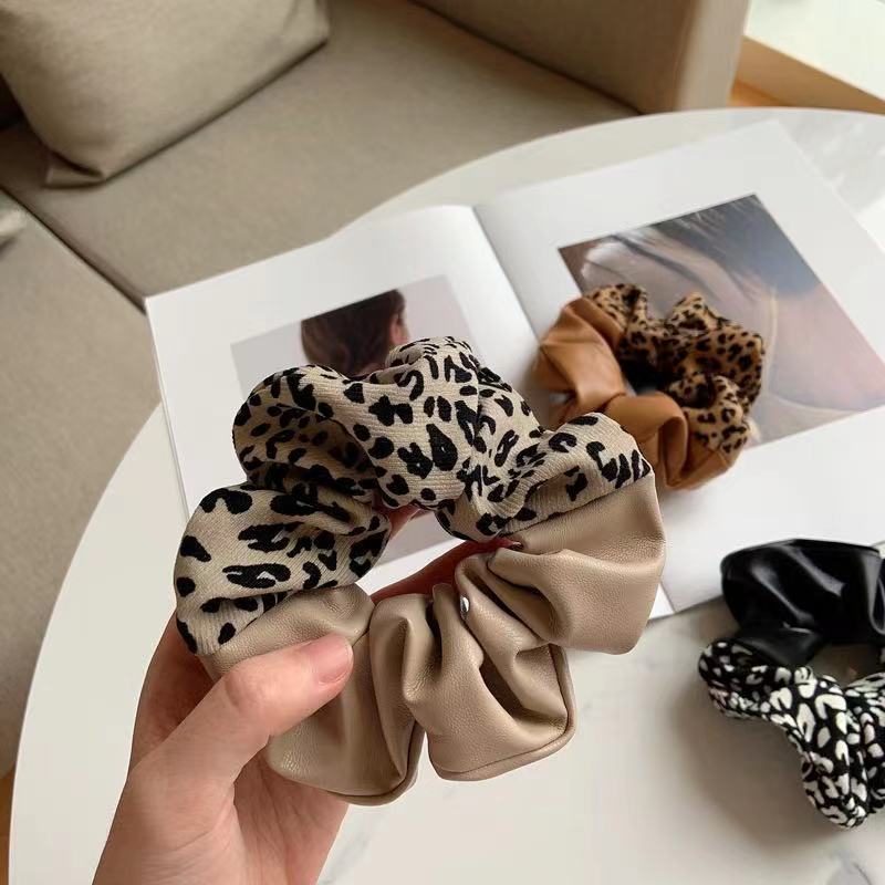 Leopard Print Leather Stitching New Color Block Large Intestine Hair Ring