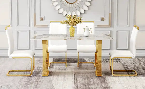 Modern Dining Table & Chair Set - Gold Metal Legs, Rock Plate Top, Stable & Stylish - Minihomy