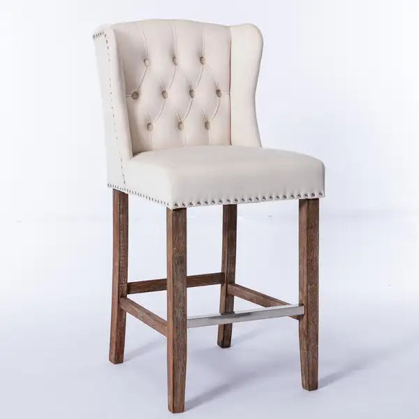 Beige Upholstered Wingback Bar Stools Set of 2 with Nailhead Trim & Tufted Back - 27" Seat Height - Minihomy