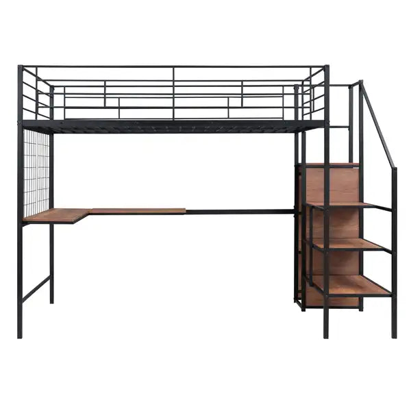 Full Size Metal Loft Bed with Desk, Storage Ladder & Wardrobe - Black - Minihomy