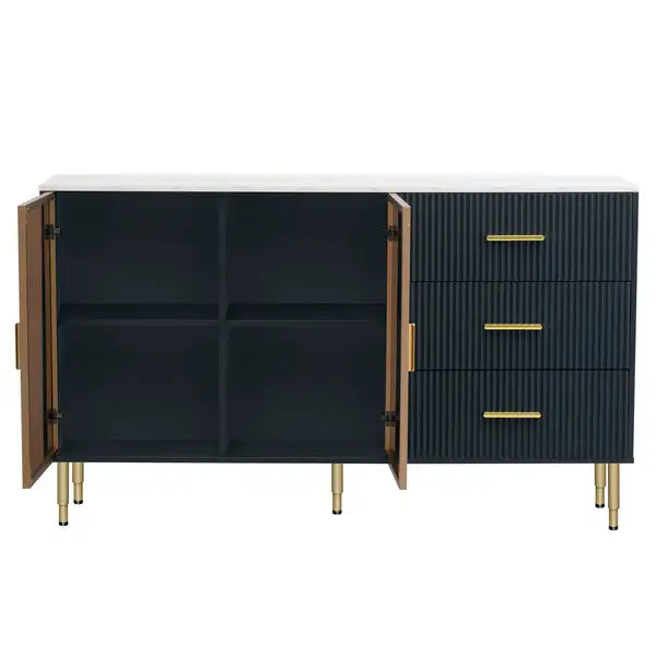 Modern Sideboard Buffet Cabinet with Marble Top & Amber Glass Doors (Navy Blue) - Gold Legs & Handles - Minihomy