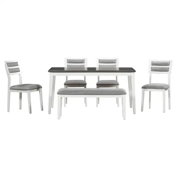 6-Piece Dining Set with Table, Chairs & Bench - Classic White & Gray - TREXM - Minihomy