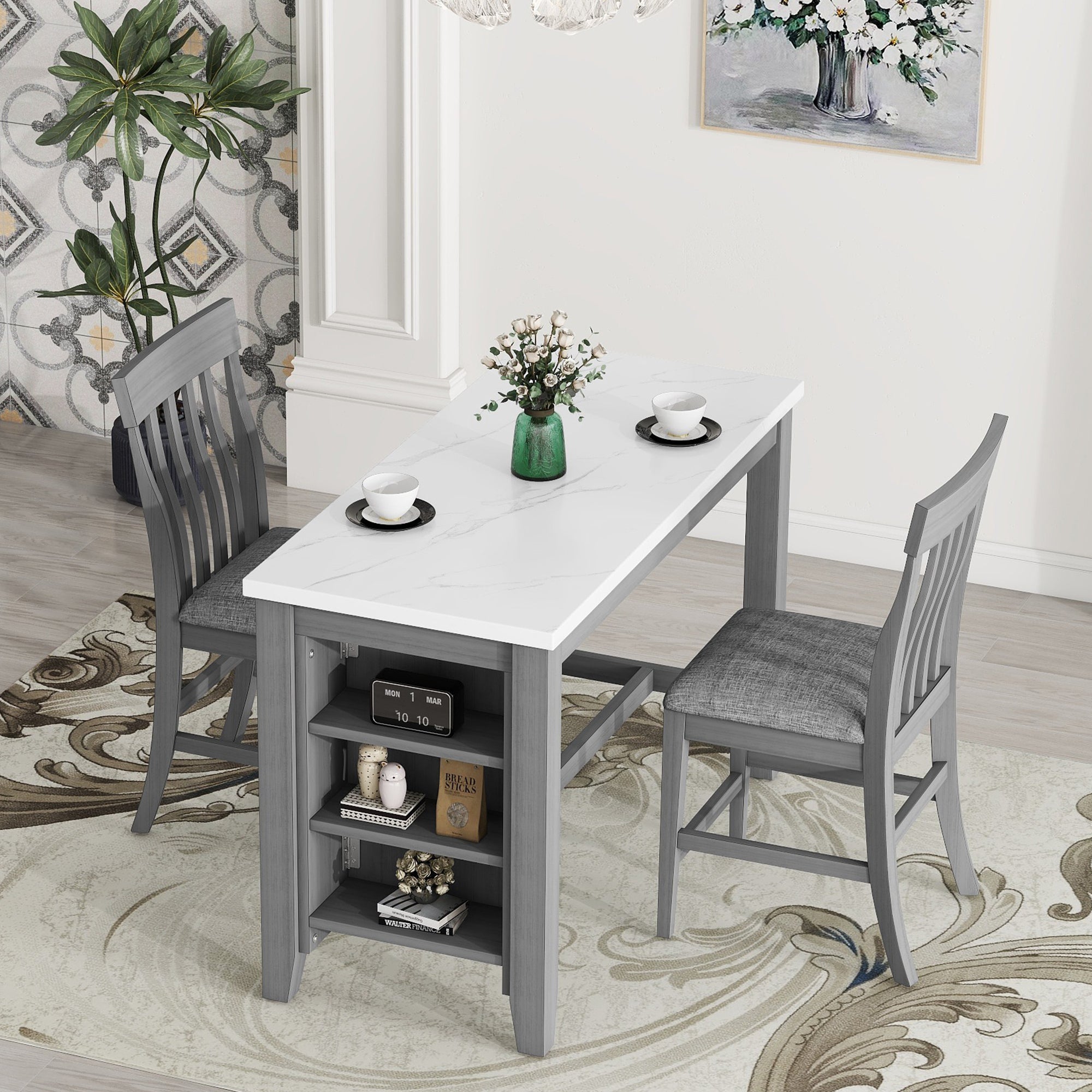 Counter Height Dining Set with Storage, Faux Marble Top Table & 2 Chairs, Grey