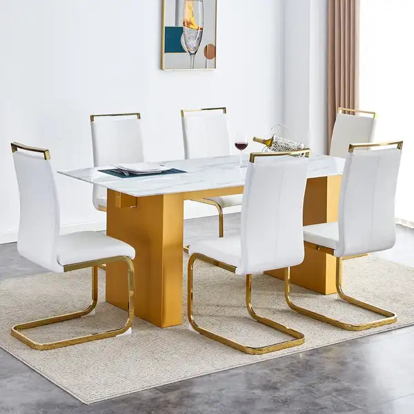 Modern Dining Table & Chair Set - Rectangular Glass Top, 6 Faux Leather Chairs - Minihomy