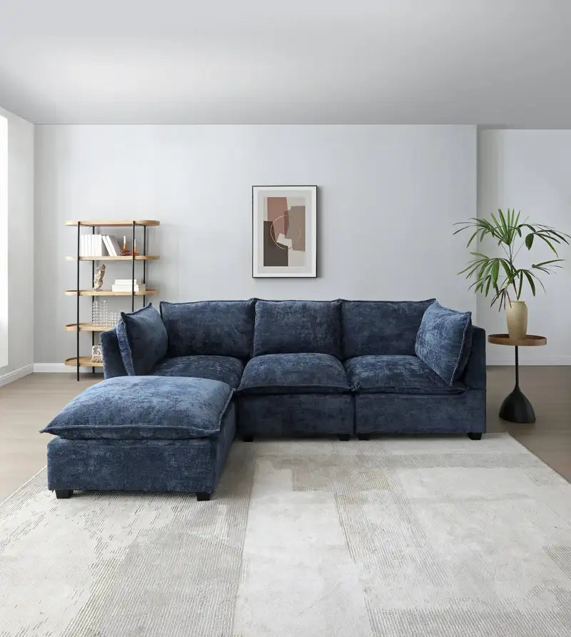 Blue Linen Sectional Sofa - L-Shape Convertible Ottoman Couch