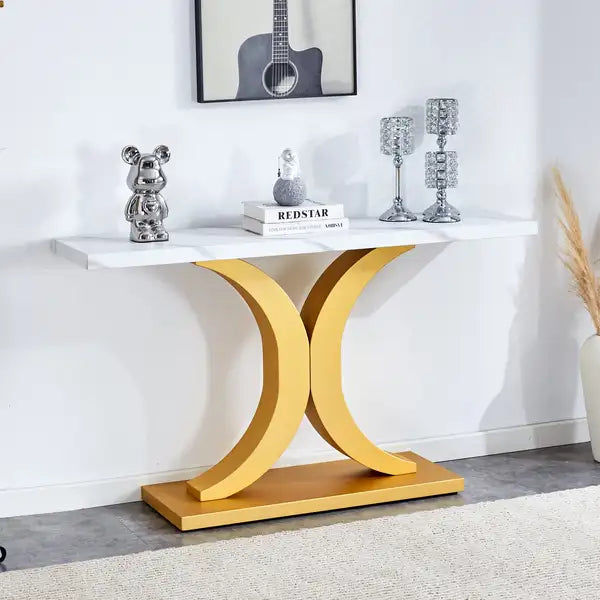 White Tabletop Foyer Table with Gold Bracket - Modern Minimalist Style