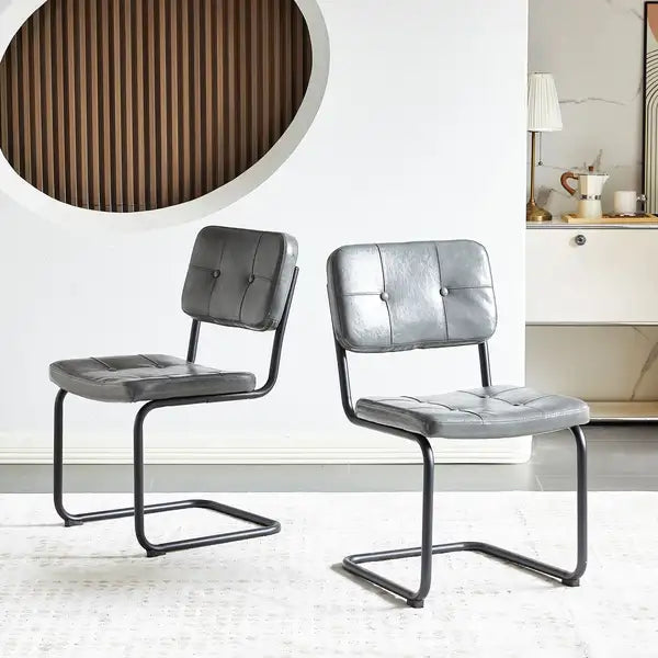 Modern Dining Chairs Set of 2 - Light Grey PU Leather, Black Metal Frame