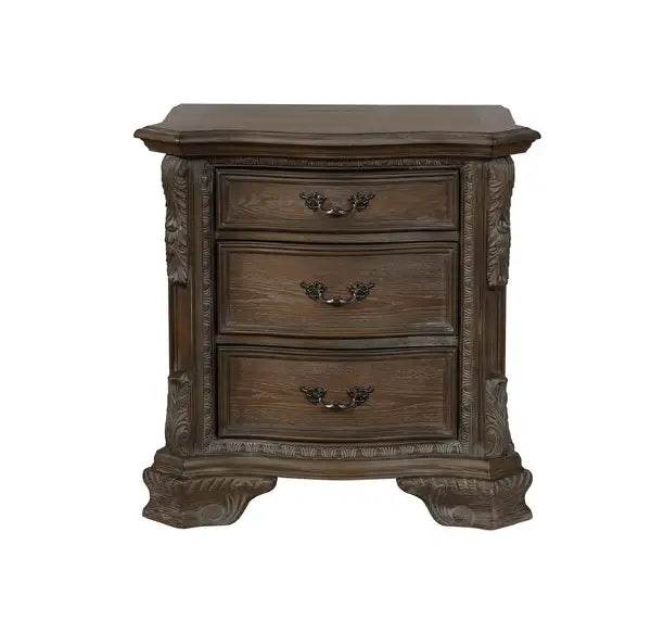 Grey Wooden Nightstand with 3 Drawers & Decorative Pulls - Solid Wood End Table - Minihomy