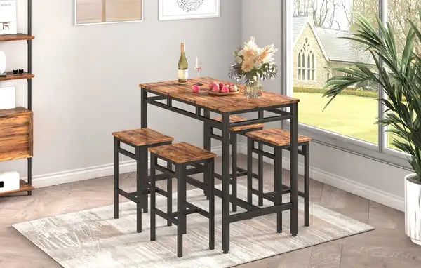 5 Piece Industrial Bar Table Set with High Stools - Rustic Brown, 43.31'' L x 23.62'' W x 35.43'' H - Minihomy