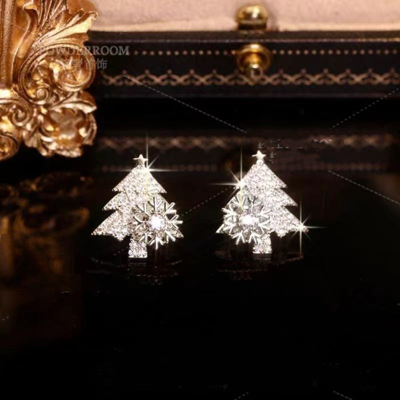 Rotatable Christmas Tree Earrings Shiny Rhinestone Snowflake Stud Earring