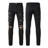 Men's Patchwork Jeans with Broken Three-Headed Snake Embroidery