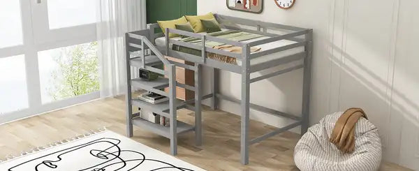 Full Size Loft Bed with Storage Staircase & Clothes Hanger - Gray - Minihomy