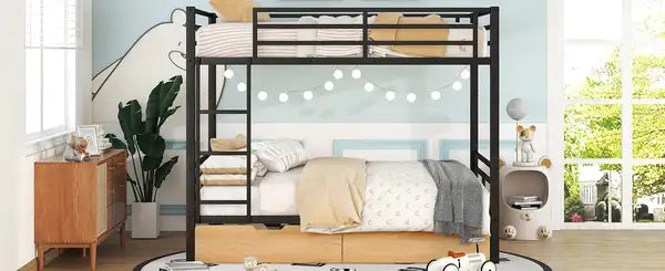 Full Size Metal Convertible Bunk Bed with 2 Drawers - Black - Minihomy