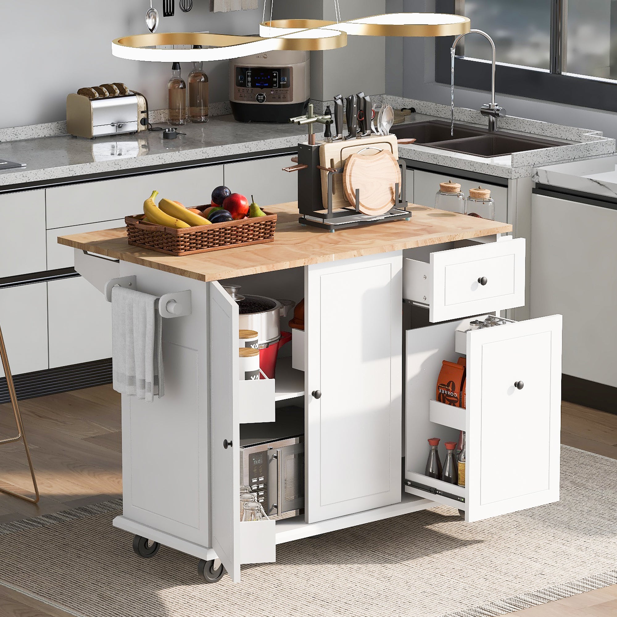 Rolling Kitchen Island with Drop Leaf, Storage, Spice Rack & Towel Rack (White)