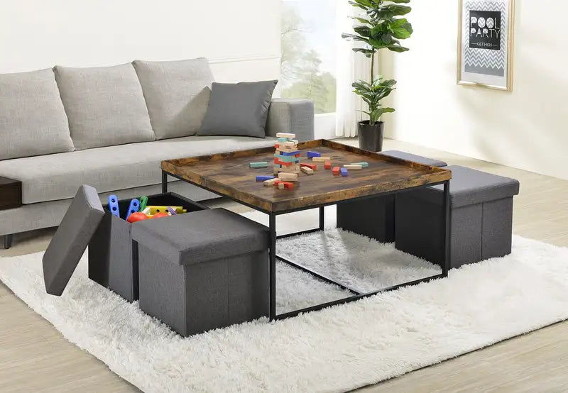 Vinny 5-Piece Coffee Table Set, 35" Weathered Oak, Raised Edges