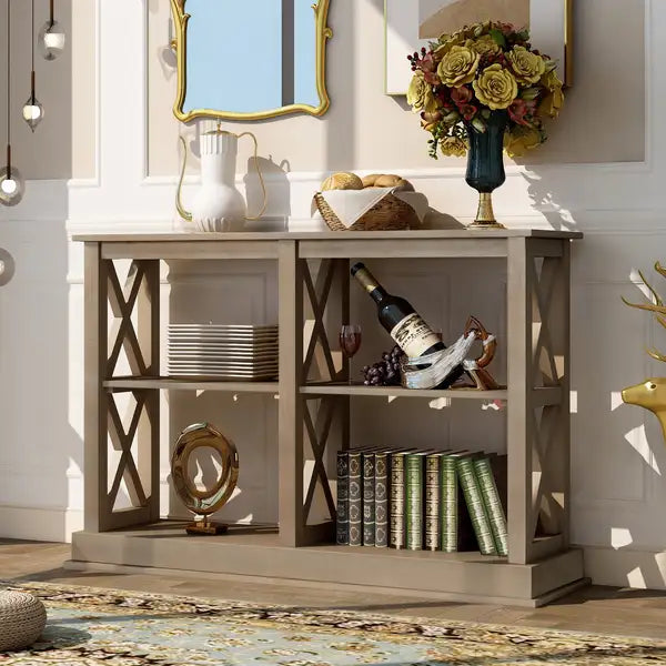 White Wash Console Table with X Legs & 3-Tier Storage - Narrow Entryway Table