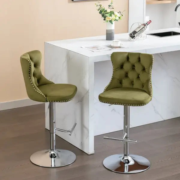 Olive Green Velvet Bar Stools Set of 2, Adjustable Height, Chrome Base with Backs - Tufted Modern Kitchen Counter Stools - Minihomy