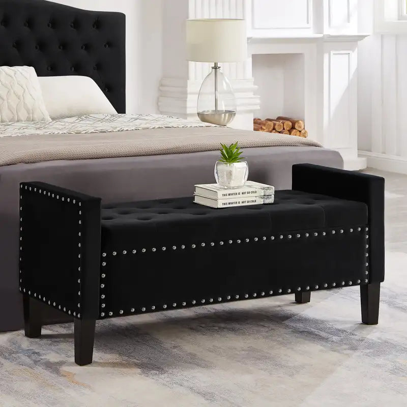 Black Tufted Storage Bench with Arms - Upholstered Entryway Bench