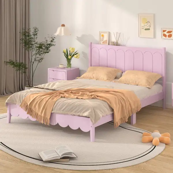 Full Size Platform Bed Frame, Retro Style Wood Bed, Pink, No Box Spring Needed