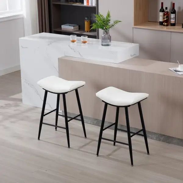 Modern Counter Bar Stools Set of 2, Armless PU Leather with Metal Legs & Footrest, Cream - Minihomy