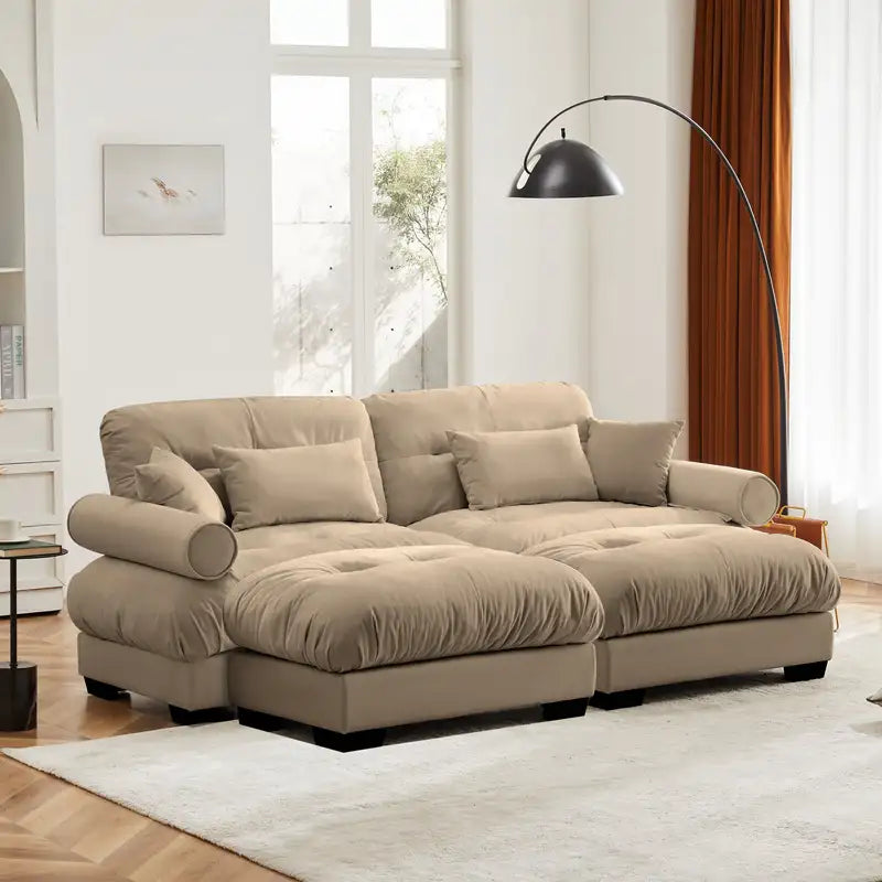 Oversized Camel Velvet Sofa with Ottoman & Pillows