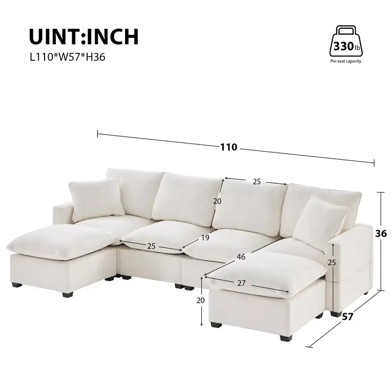 Modern U-Shaped Sectional Sofa (110x57", 6 Seats) - Chenille Couch Set with Pillows