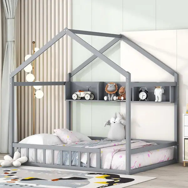 Full Size Wooden House Bed with Storage Shelf & Fence - Gray Kids Bed