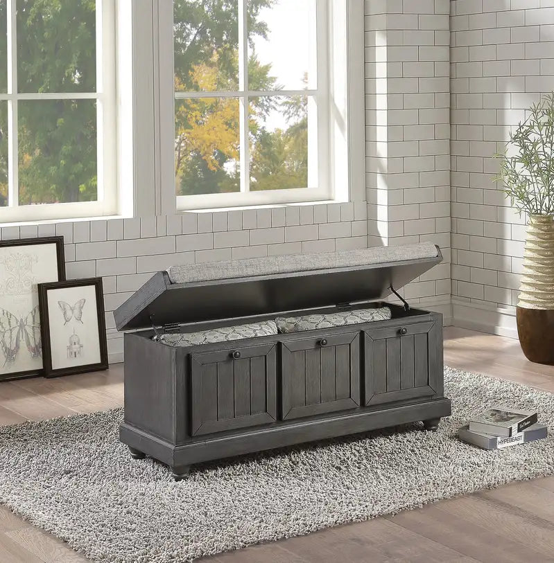 Gray Storage Bench with Flip Top Lid & Cushioned Seat