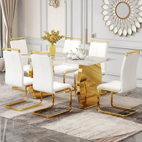 Gold Metal Dining Table and Chair Set with Rock Plate Top - Modern & Stable - Minihomy